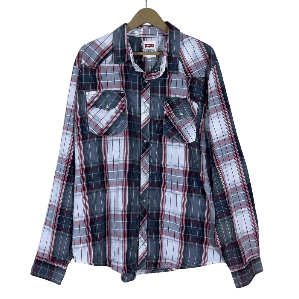 Levi Western Plaid Button Down Shirt Red Grey Cowboy Pearl Snap Size XXL